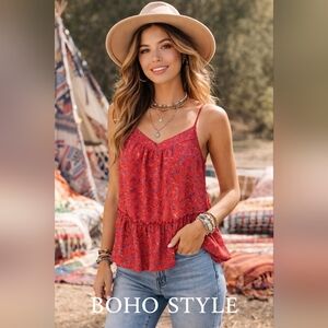Sienna Sky  Red Patterned Camisole Spaghetti Strap Top
